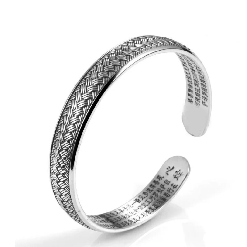 

Unibabe Real Silver Weave Heart Sutra Engraving Bangle S999 Sterling Sliver Traditional Style Vintage Bracelet Jewelry