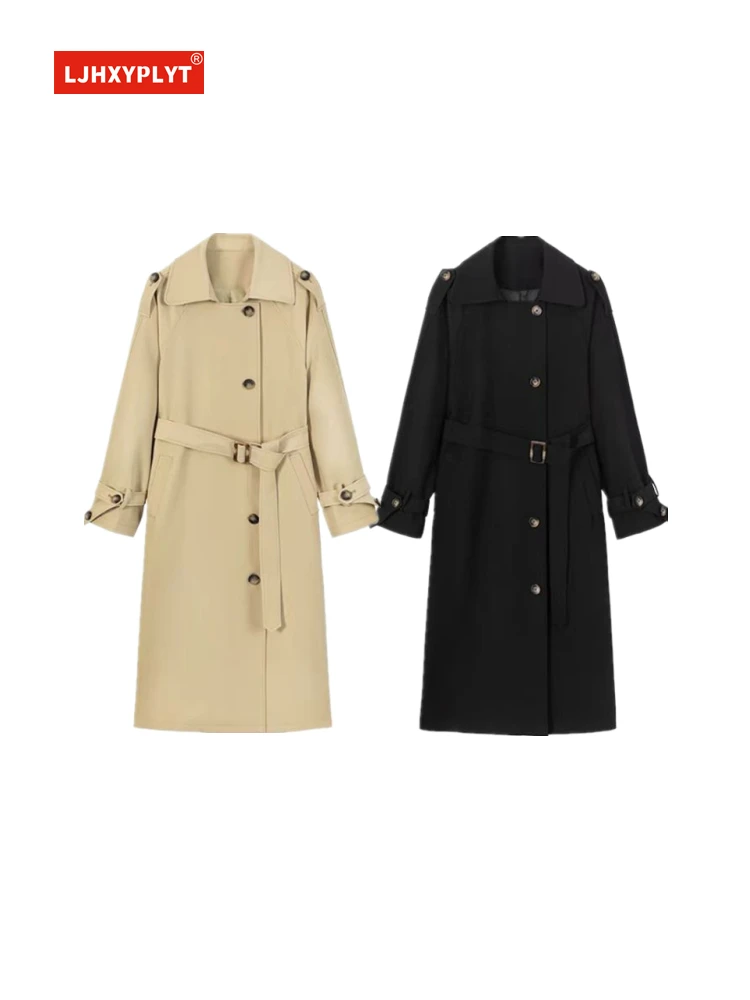 

Khaki Mid-length Over-the-knee Trench Coat Women's Spring And Autumn New Simple Solid Color Thin Casual Black Jacket Female