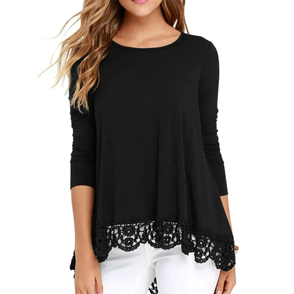

Lace Trim Loose O Neck A Line Women Blouse Easy Match Casual Soft Work Breathable Skin Friendly Outdoor Long Sleeve Fall Spring