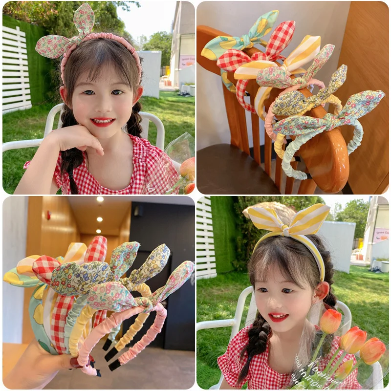 Korean Cute Kawaii Playful Long Rabbit Ear Flower Hair Band For Girl Children Striped Dot Solid Headband Fashion Accessories