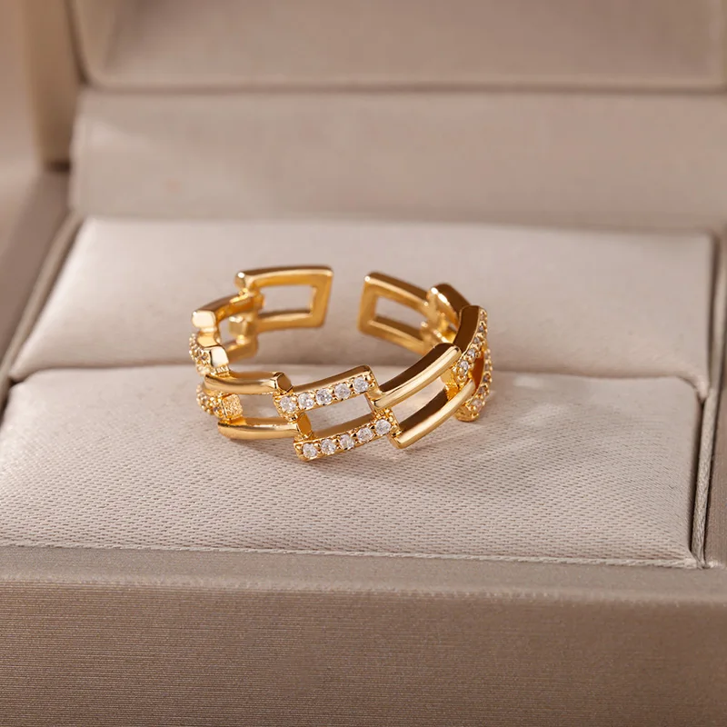 

Zircon Chain Open Rings For Women Gold Color Stainless Steel Engagement Wedding Ring Female Jewelry 2022 Birthday Gift