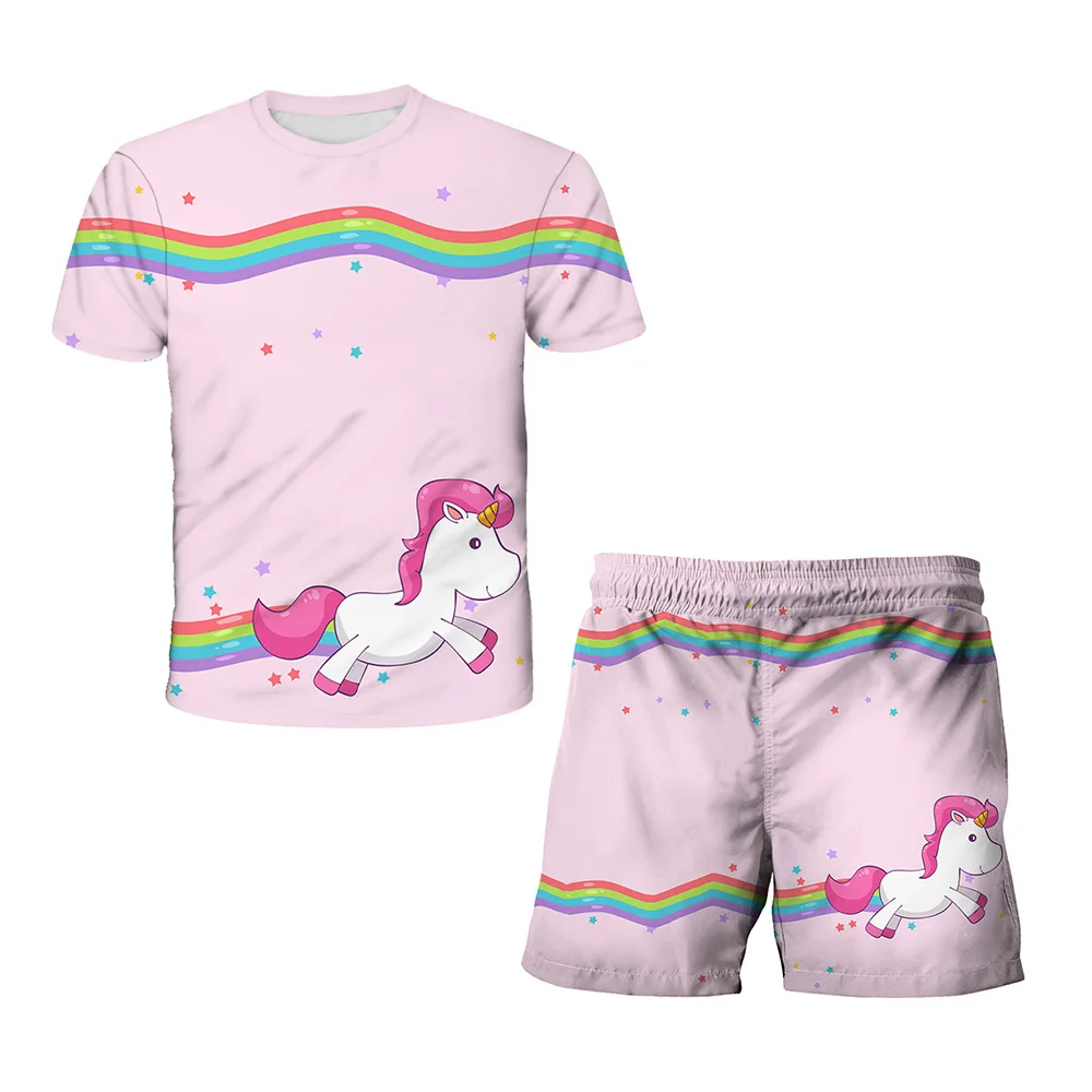 Kids Unicorn Tops Pants Sets Summer Cartoon Boys Girls Short Sleeve T-Shirts Short Pants 2PCS Suits Kids Casual Costume Outfits