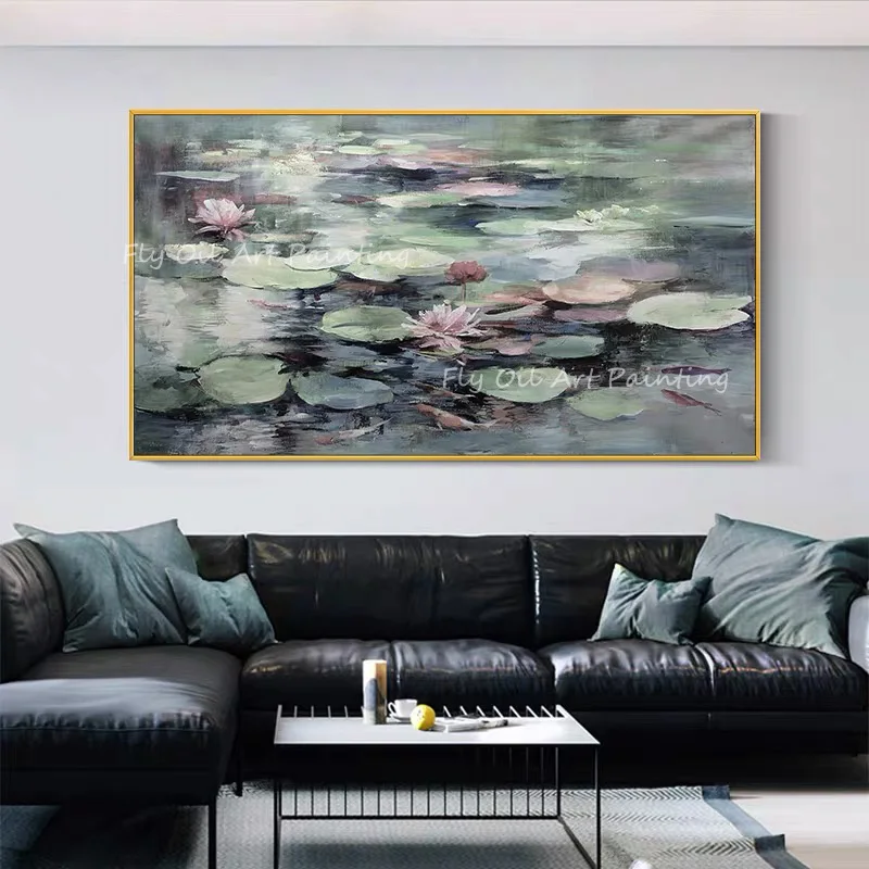 

Красочная зеленая водная Лилия 100%, толстая Масляная картина ручной работы, большое художественное изображение на стену, для домашнего деко...