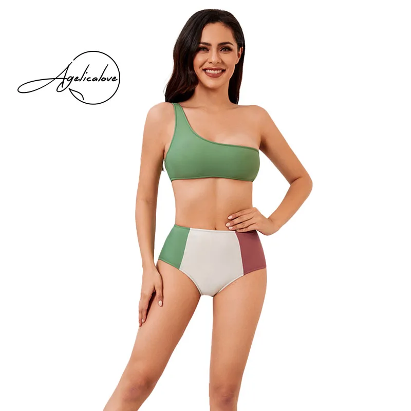

2 Pieces Set Swimwear Sexy One Shoulder Chest Wrap Bikini Suits Women Patchwork High waist Swiming Trunks Samdbeach Swimwear