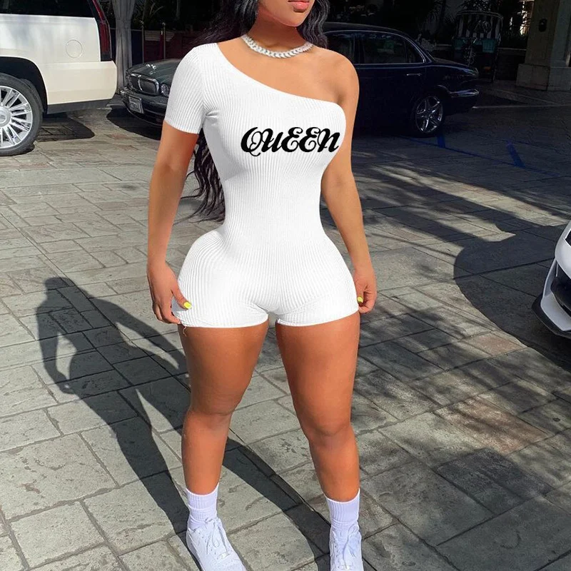 2022 Women Letter Print One Shoulder Jumpsuit Sets Femme Romper Sporty Short Sleeve Playsuit Summer Slim Tracksuits Bodysuit Set