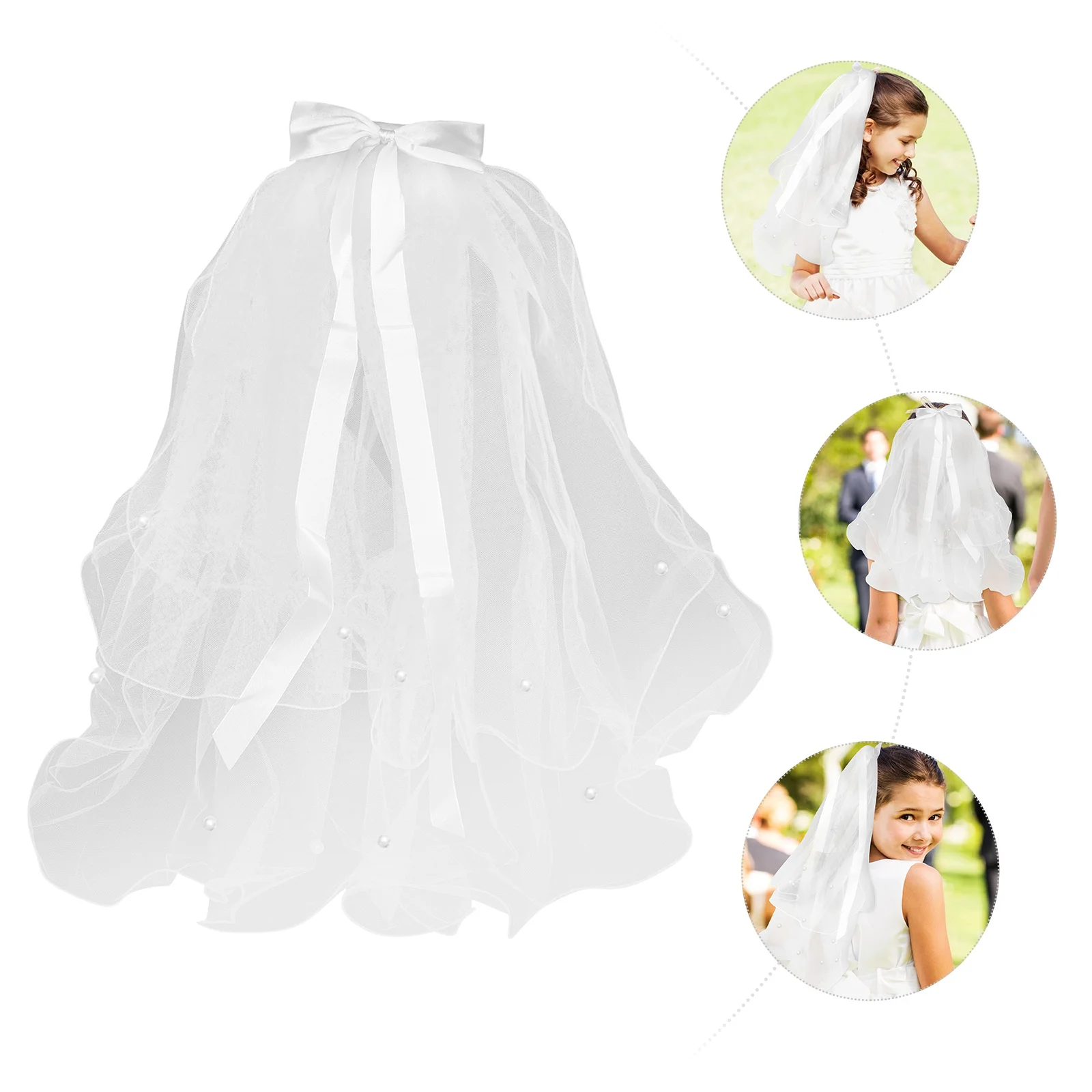 

Kids Veils Wedding Girl Hair Bows Fascinators Hats Pearl Tiara Double Layer Children's Veil Bow Tie Bridal Wedding Veils Comb