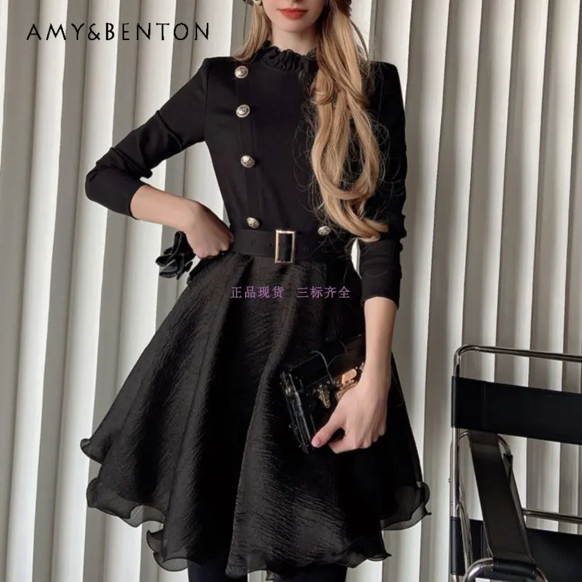 Hepburn Style Ruffled Stand-up Collar Cinched Pettiskirt Autumn and Winter Stitching Double Breasted Dress for Women