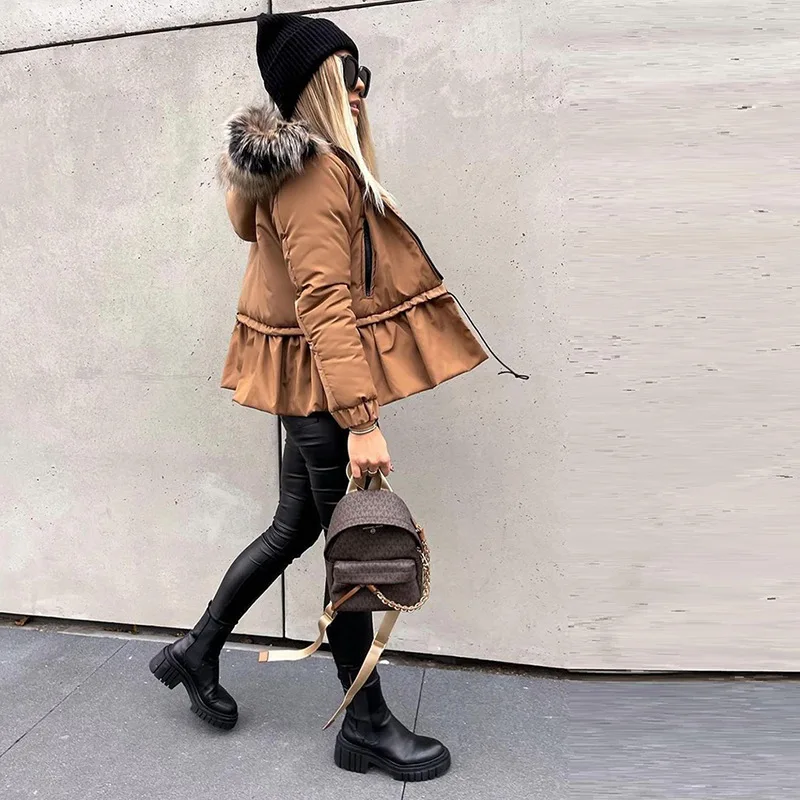 Fur Hooded Zipper Drawstring Short Jacket Cow Casual Comfortable Warm Small Flare Hem Personality Cotton Clothing