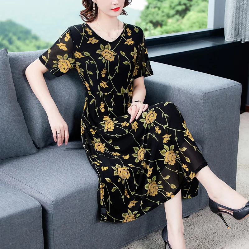 

Summer Fashion Silk Mulberry Silk Printed Dress for Women 2023 New Vintage V-neck Short Sleeve Loose Fit Leisure Vacation Vestid