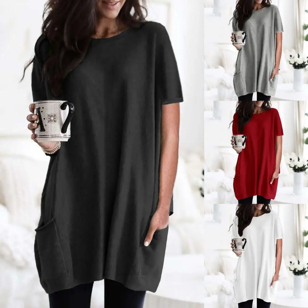 

Stylish Top Short Sleeve Casual Solid Color O Neck Loose T-shirt Women Blouse for Daily Life