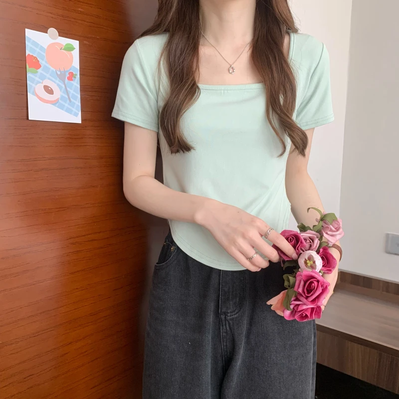 

GY0234 Square neck short sleeve T-shirt women ins fashion summer 2022 new design sense niche irregular short T-shirt clothes