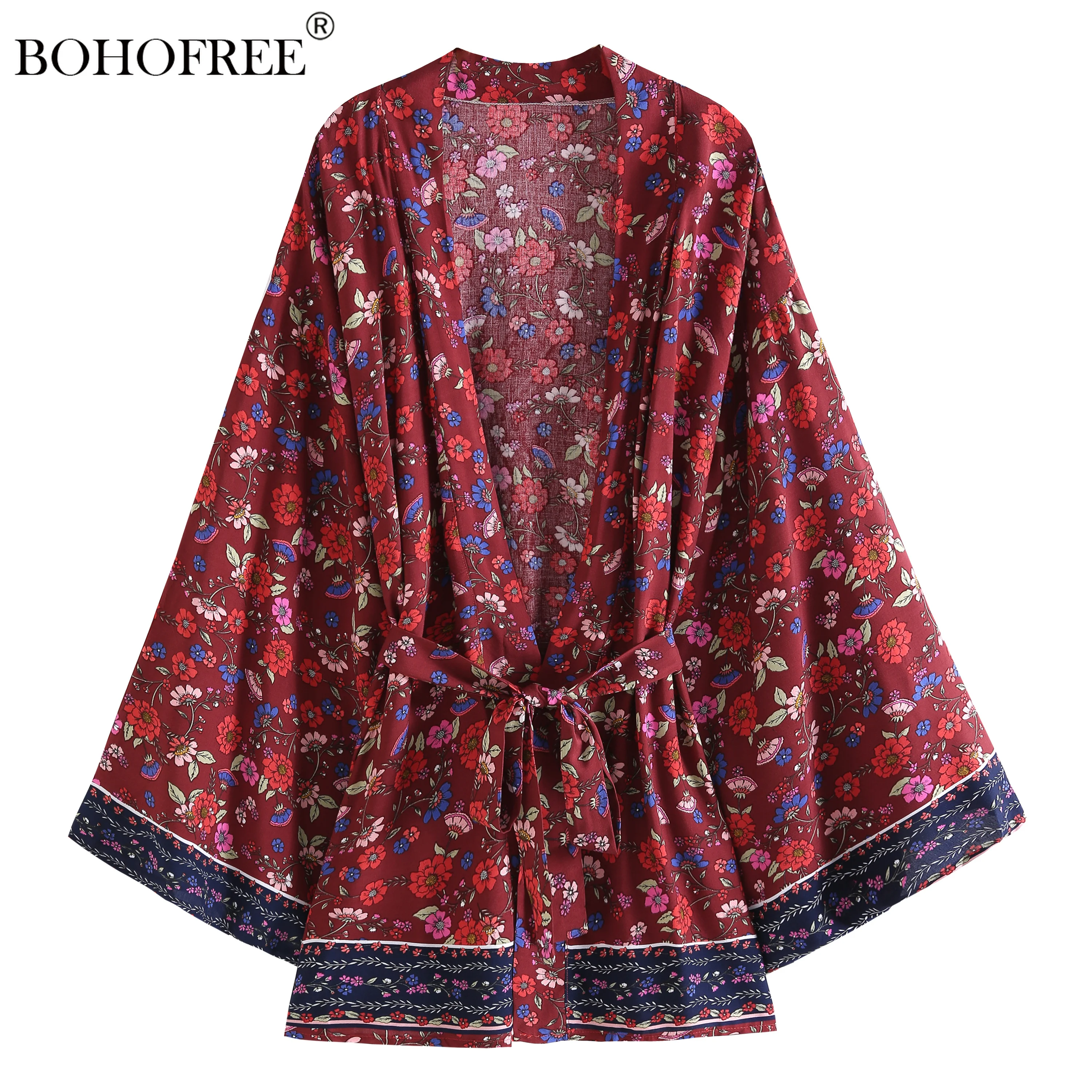 

Vintage Chic Rayon Red Floral Robes Rayon Cotton 3/4 Sleeve Sashes Loose Maxi Hippie Cover Ups Inspiried Bohemian Style Kimono