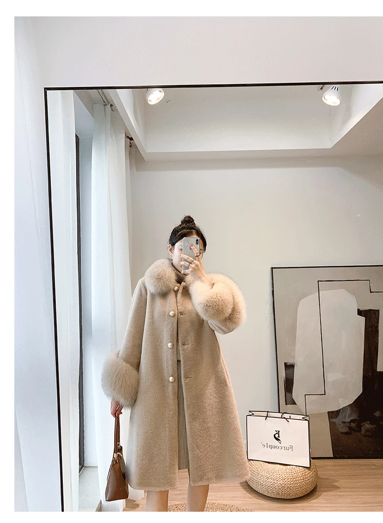 FURYOUME Winter Women Real Fur Coat Long Casual Jacket Sheep Shearing Wool Blends Fox Fur Collar Streetwear Thick Warm Outerwear