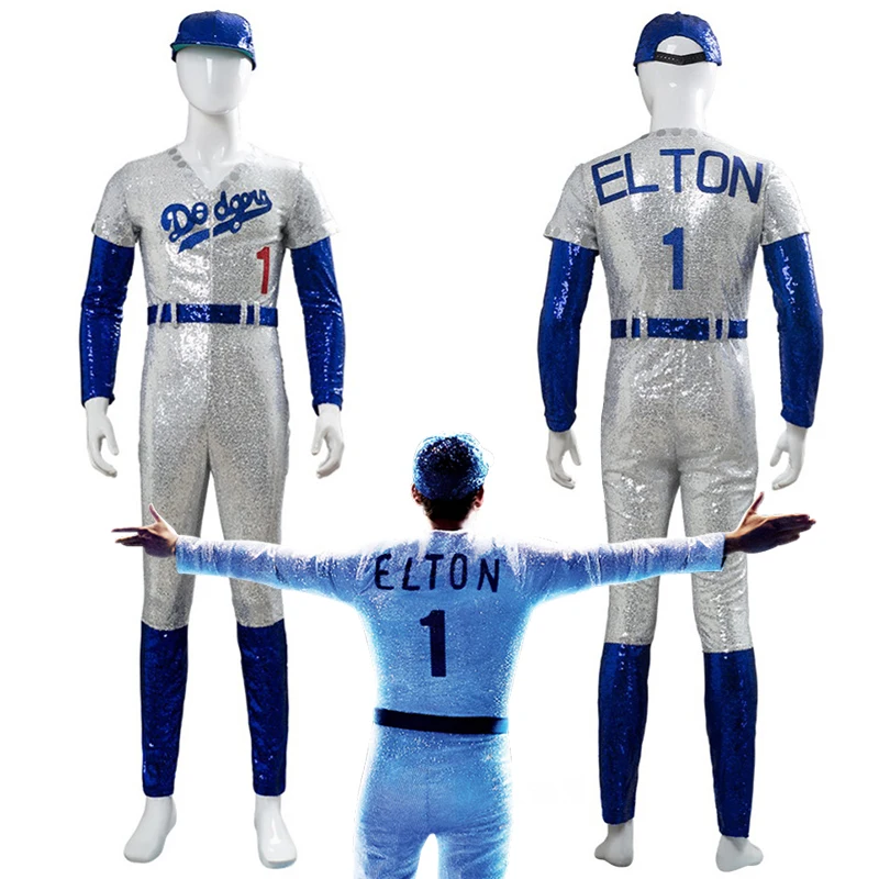 

Rocketman Elton John Dodgers Cosplay Costume Baseball Uniform Jumpsuit Hat Halloween Party Costumes Outfit for Women Men