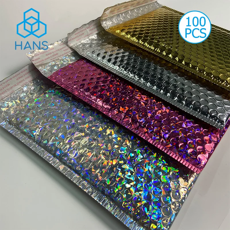 100 Pieces Bubble Mailers Padded Poly Mailers Metallic Holographic Cushion Envelopes Seal Closure Envelopes Shipping Bags