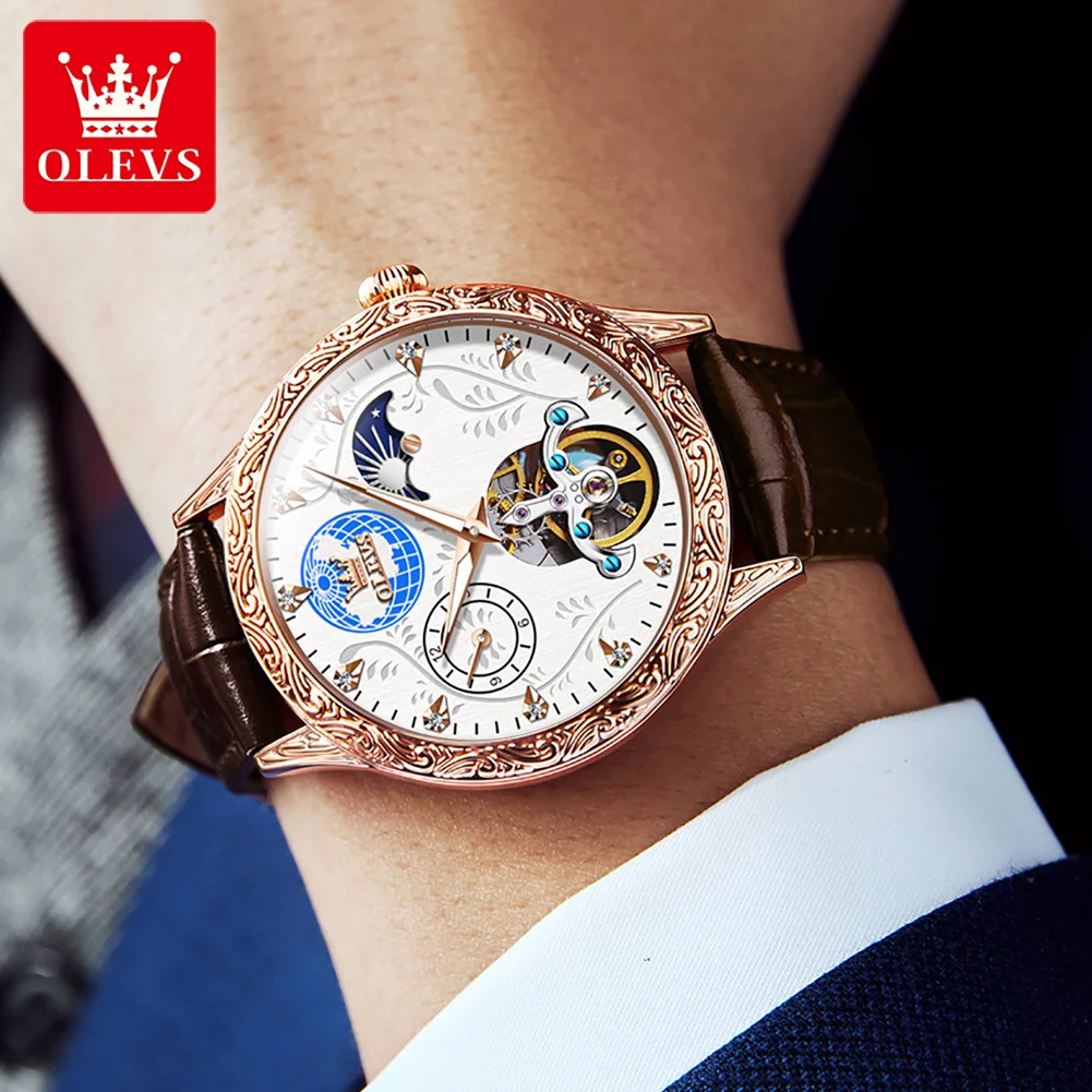 Мужские механические часы-скелетоны OLEVS Moon Phase мужские наручные часы с