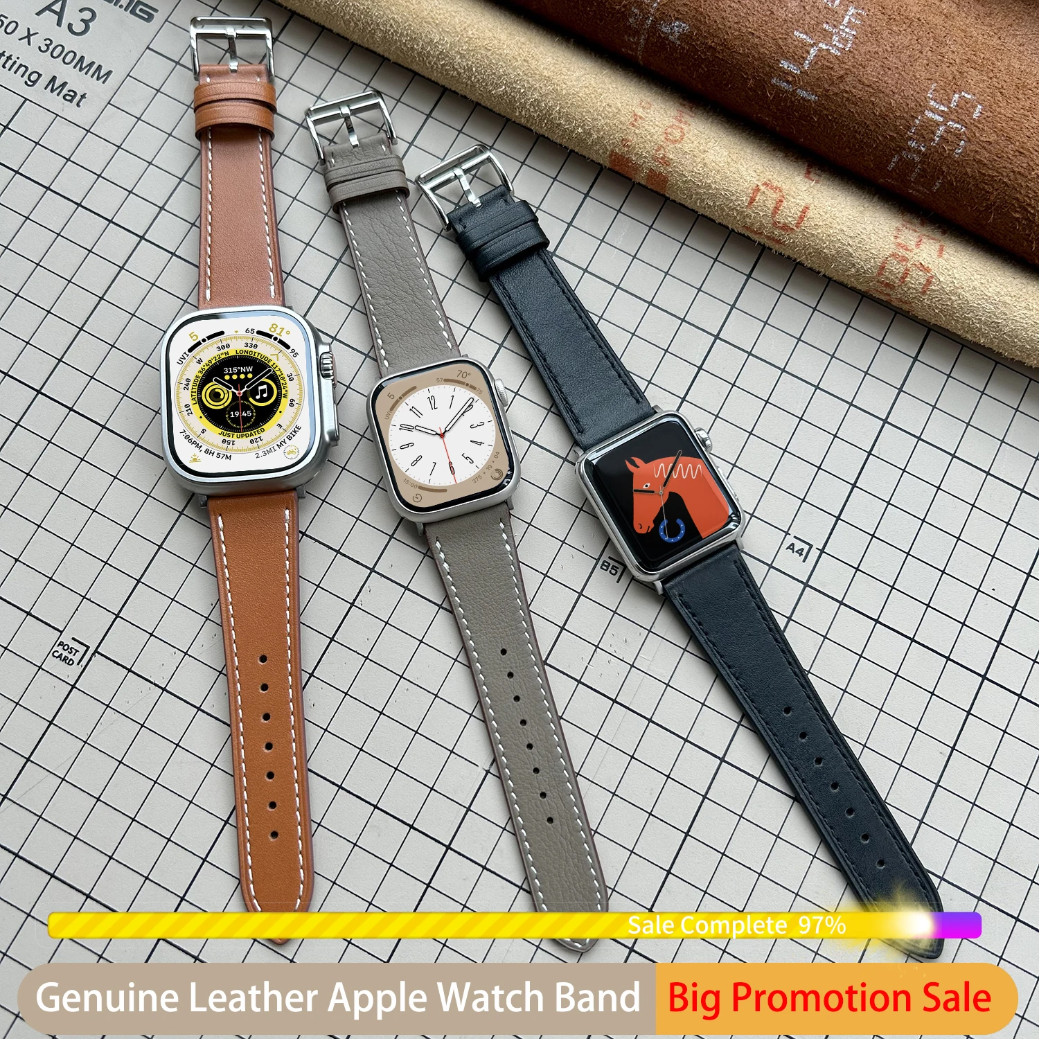 

Ремешок Kebitt кожаный для Apple Watch Series 8 Ultra 7 6 Se 5 4 3 2 1, браслет для Iwatch трех цветов, для мужчин и женщин