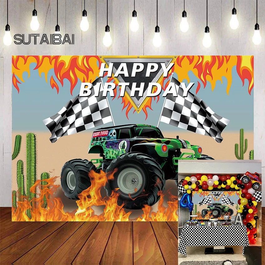 

Backdrop Fits Monster Truck Theme Racing Blaze Checkered Flag Photography Background Birthday Party Banner Photo Booth Props