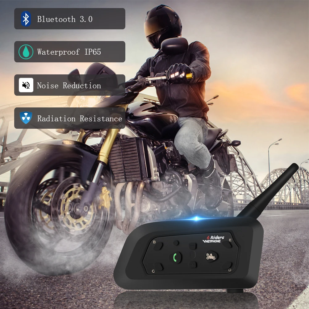 Bluetooth-гарнитура для мотоциклетного шлема V6 PRO, водонепроницаемая, 1200 м, 1 пара