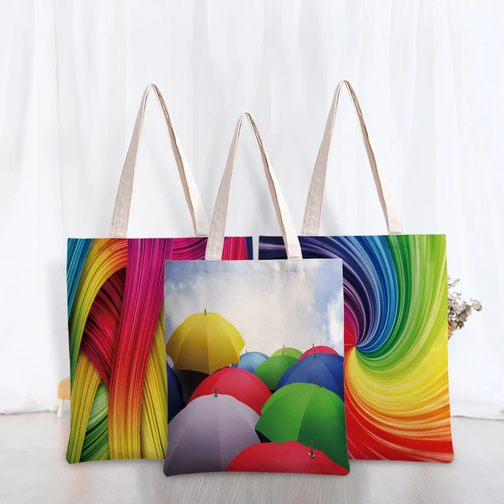

Women Canvas Shoulder Bag Colorful Pencil Print Ladies Shopping Bags Feather Fabric Grocery Handbags Tote Books Bag for Girls