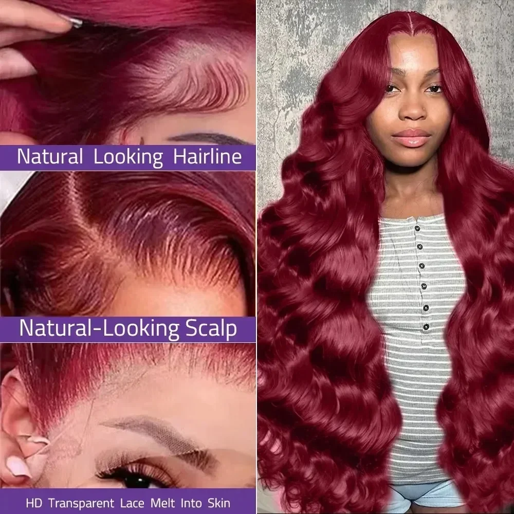 99J Бордовый парик из натуральных волос на кружеве объемная волна красные цветные