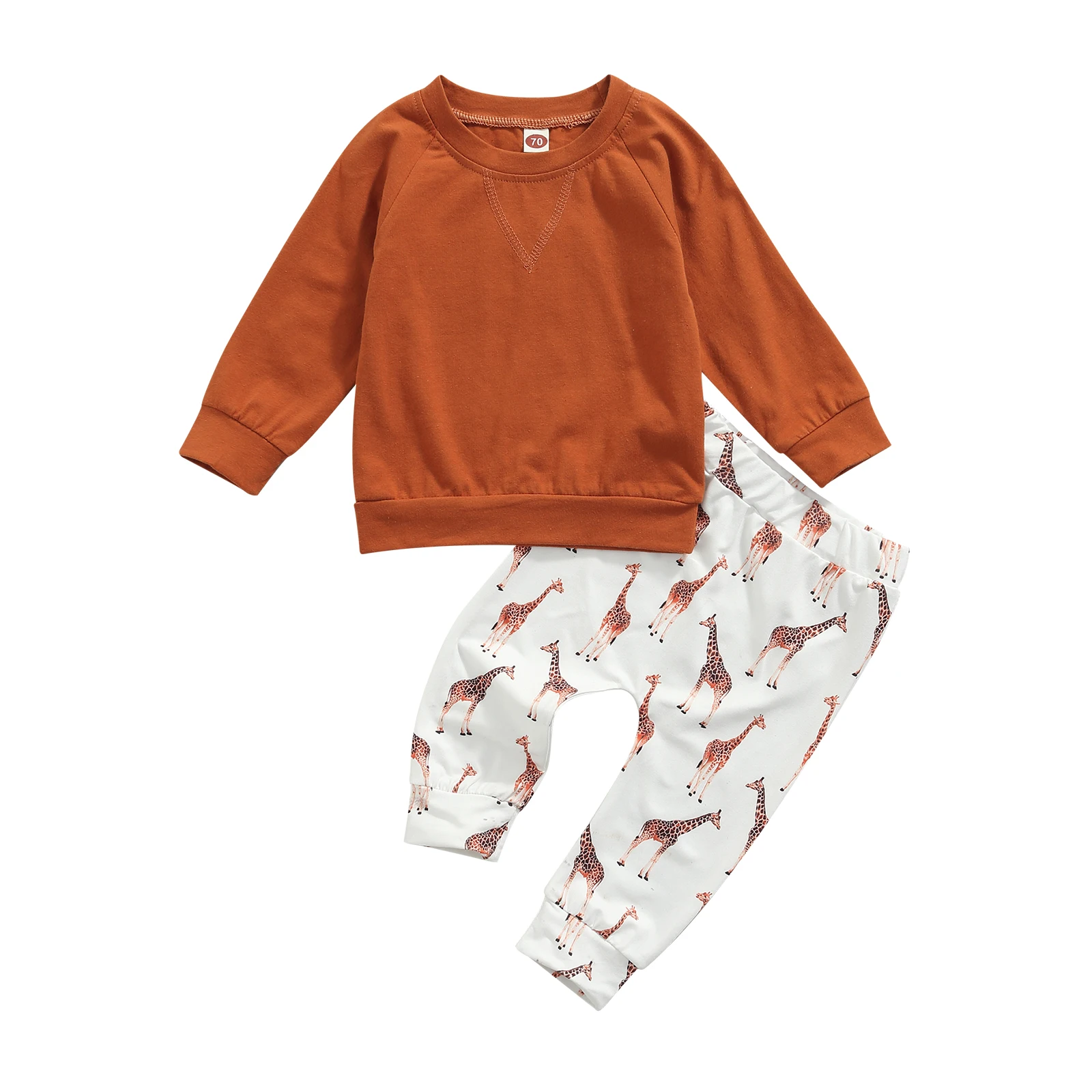

2Pcs Little Girls Boys Outfit Spring Autumn Solid Color Long Sleeve Round Collar Hoodie + Little Fawn Printing Trousers Set