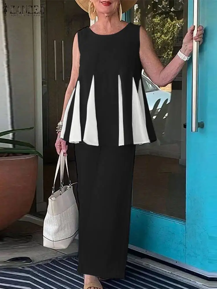 

Fashion Colorblock 2PCS Sets Women Sleeveless Tops Outfits ZANZEA Casual Elastic Waisted Pant Suit Vintage Pockets Matching Sets