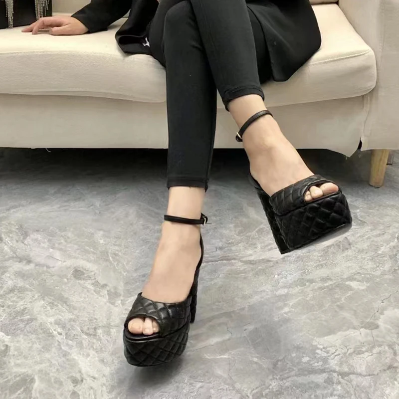 Rhombus Pattern Platform Fish Mouth Sandals Fashion Design Catwalk Super High Heel Retro Sandals Thick Heel Ankle Buckle Sandals
