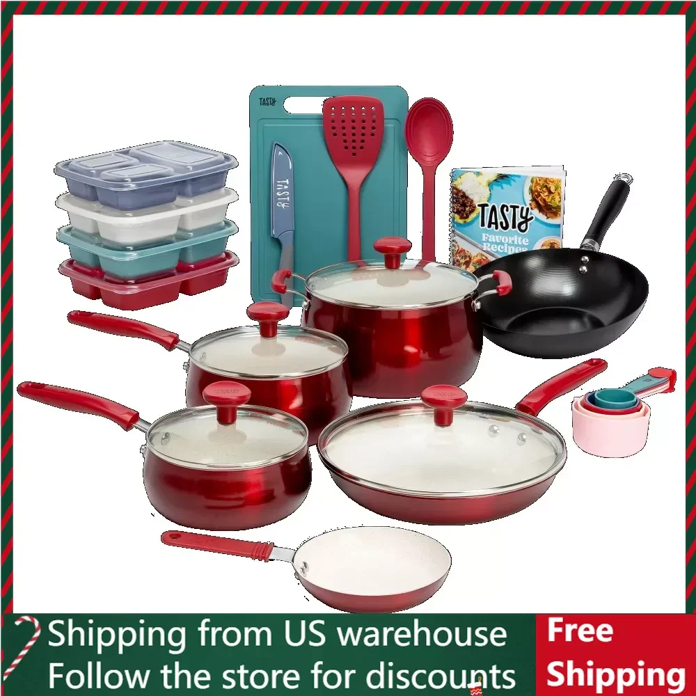 

Чистая керамическая антипригарная алюминиевая посуда из 24 предметов, набор для приготовления пищи на кемпинге, красная, бесплатная доставка, принадлежности для приготовления пищи в лагере, походы, спорт