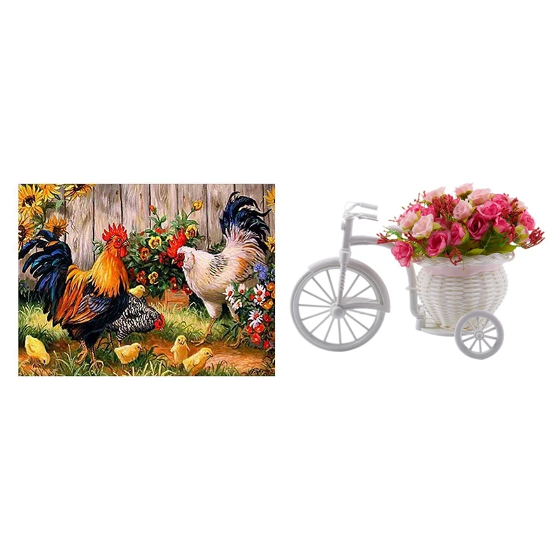 

1 Set Simulation Flower And Flower Car Suit & 1 Set DIY 5D Diamond Painting By Number Kit, Rooster Hen Chicks Embroidery