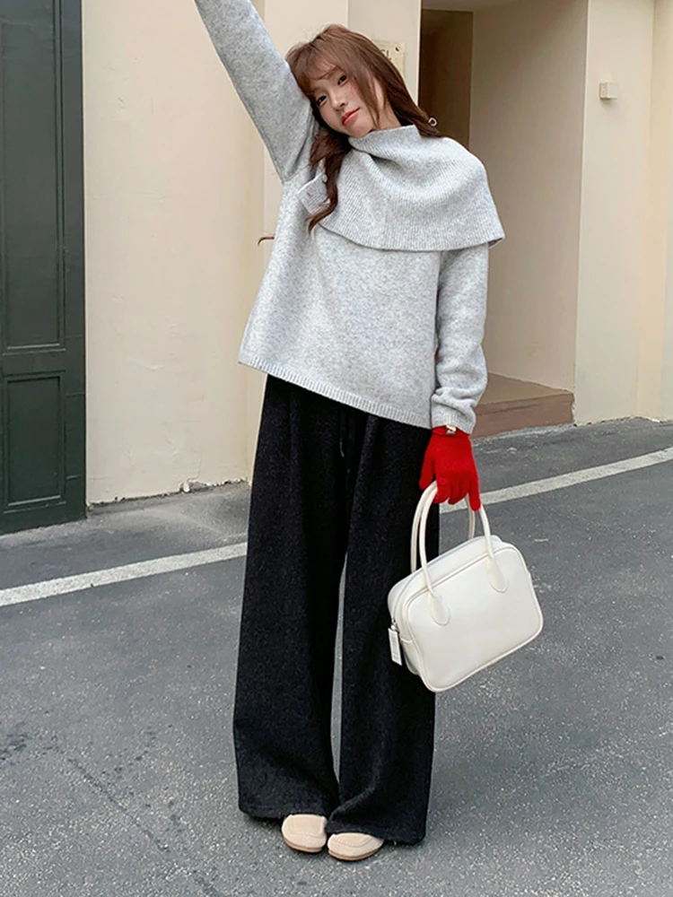 [EAM] Синий с шарфом большой размер вязаный свитер женские пуловеры круглым