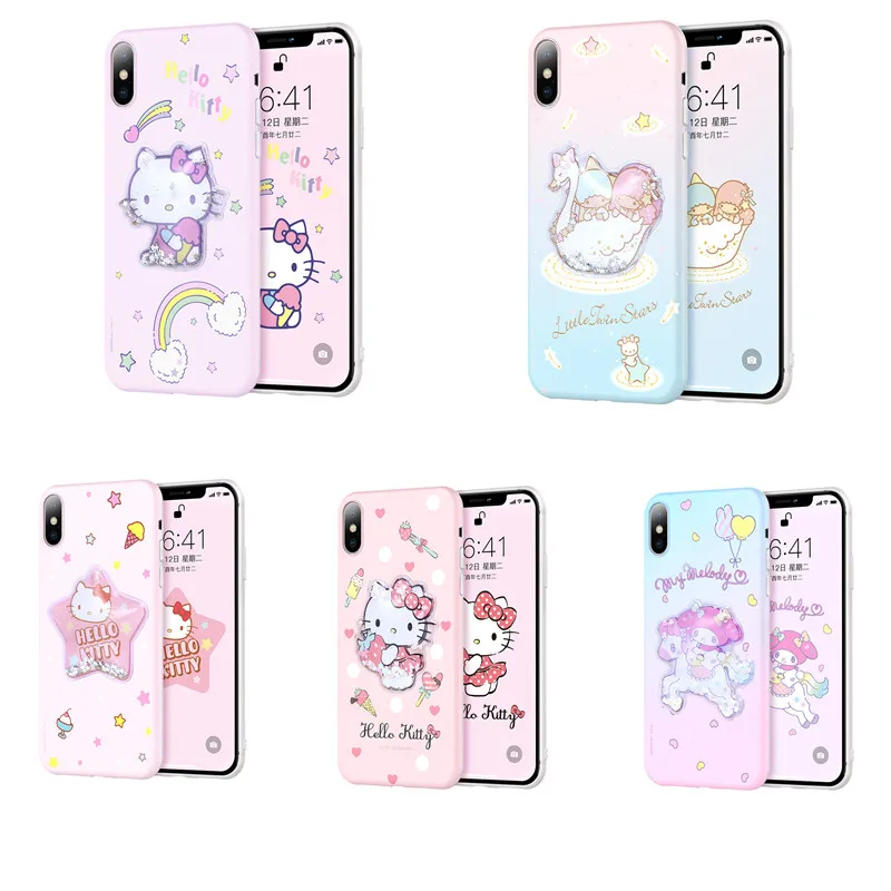 

Чехол Kawaii Sanriod с аниме периферийными блестками Kitty Mymelody Iphone Xs Max, чехол с жидкостью и зыбучим песком, полноразмерный чехол