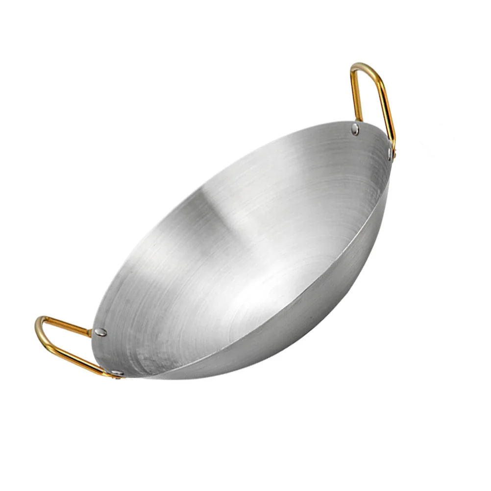 Pot Wok Pan Frying Steel Deep Stainless Large Kitchen Bottom Round Stovetop Reheating Stir Pans Fry Chinese Iron Cast Handle