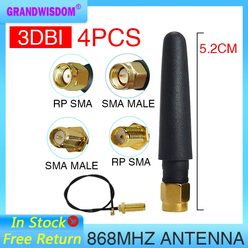 

GRANDWISDOM 4pcs 868mhz antenna 3dbi sma male 915mhz lora antene module lorawan ipex 1 SMA female pigtail Extension Cable