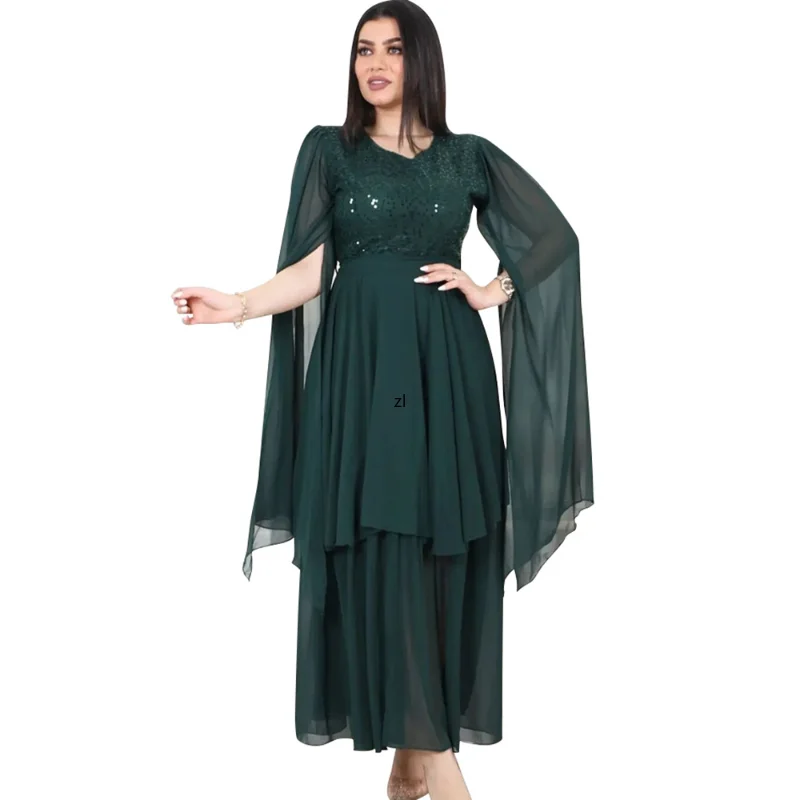 

Jalabiya Muslim Dress Women Mesh Cloak Sleeve O Neck Empire Robes Fashion New Sequin Splice Islam Abaya Muslim Party Dress 2023