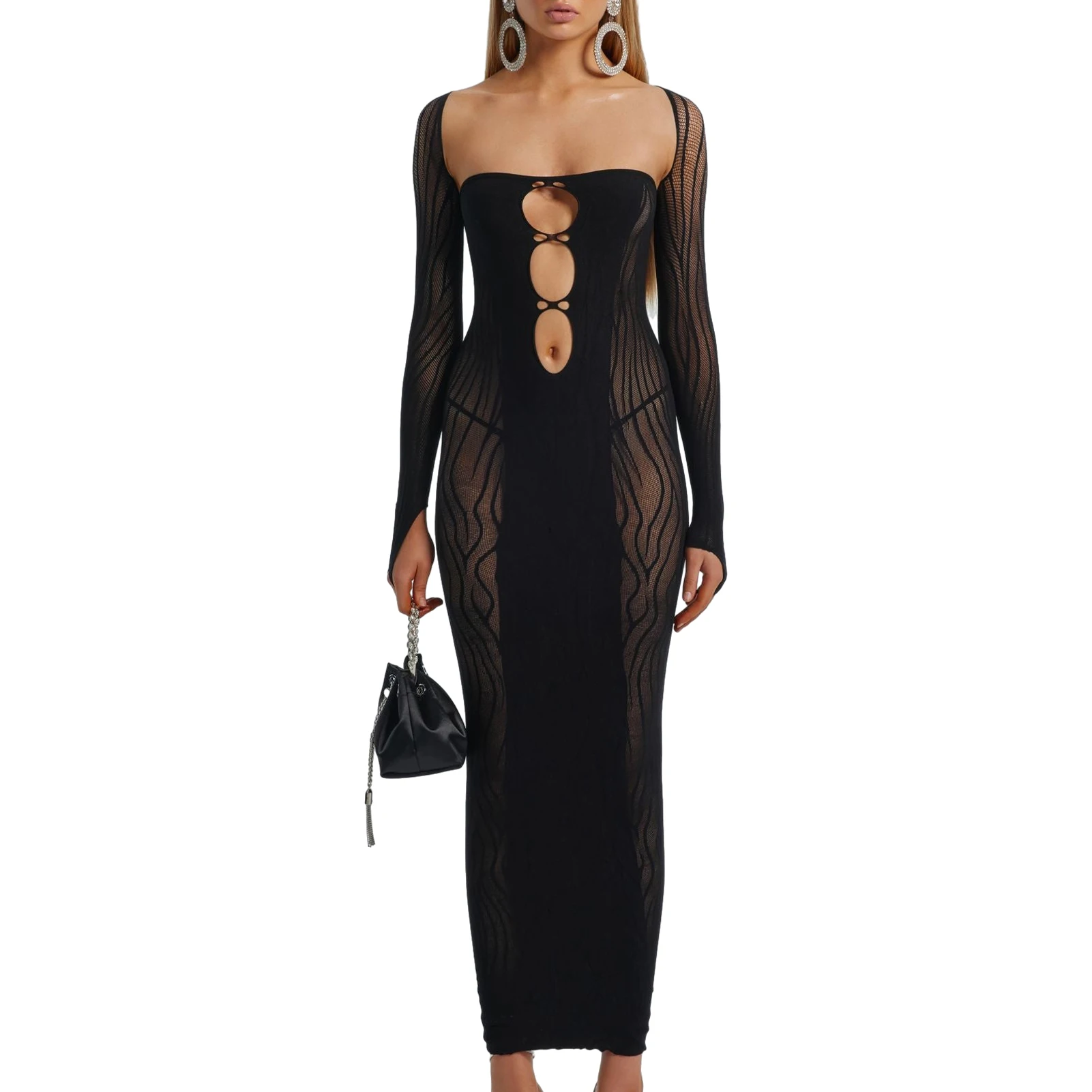 

Hollow Out Long Sleeve Dress Slim Fit Women Sexy Tunic Dress Solid Color Y2K Mini Dress Spicy Girl See Though Vacation Outfit