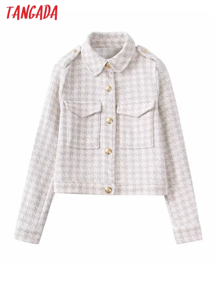 

Tangada women's autumn tweed crop jacket Long Sleeves Pocket 2022 Ladies Elegant Coat BE386