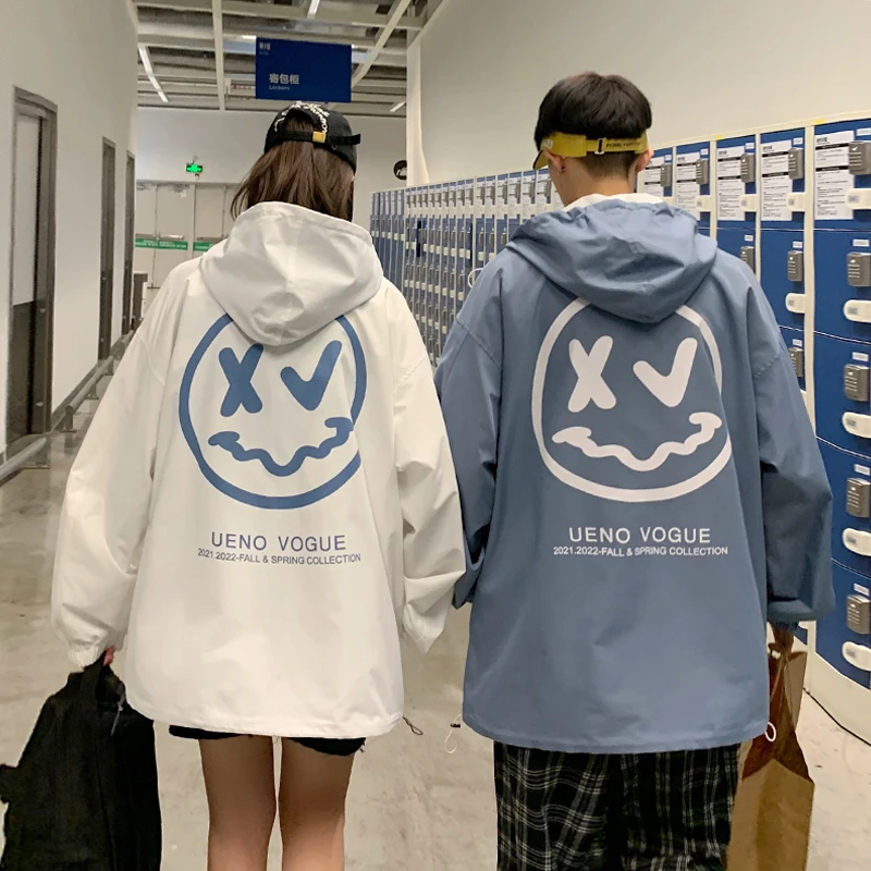 

New Thin Light Chic Autumn Cartoon Face Print Hoodied Women Streetwear Jacket Unisex Men Windbreaker Couple Coat Casual Hip Hop