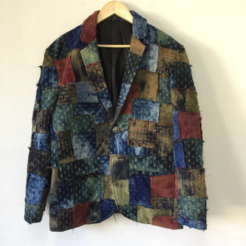 

Autumn Men's Denim Patchwork Suit Jackets Tide Fur Edge Hole Darkwear Casual Contrast Color Vintage Chic Blazers 21Z1402