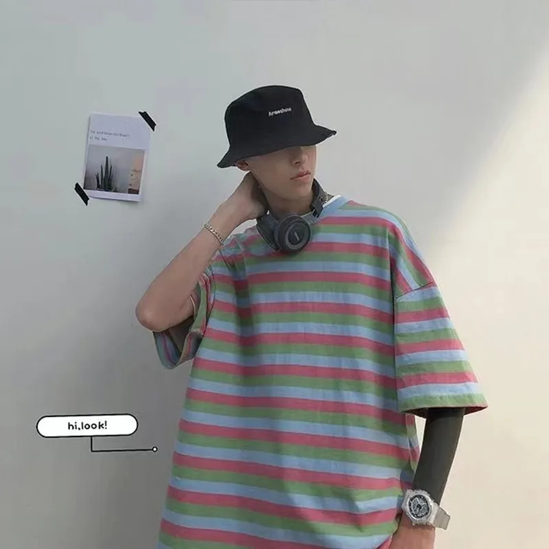 

2022 Men's Summe Stripe Printing Half Sleeve T-shirt Harajuku Style Top Round Neck Short Sleeve Tshirts Three Color T Shirts