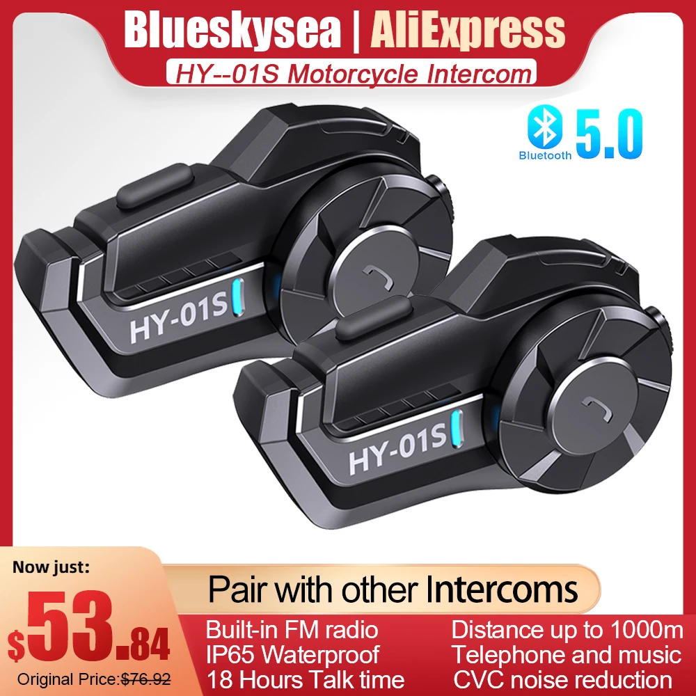 Blueskysea HY-01S Motorcycle Intercom Helmet Headsets FM Radio BT5.0 Interphone Intercomunicador Moto Waterproof 2 Rider