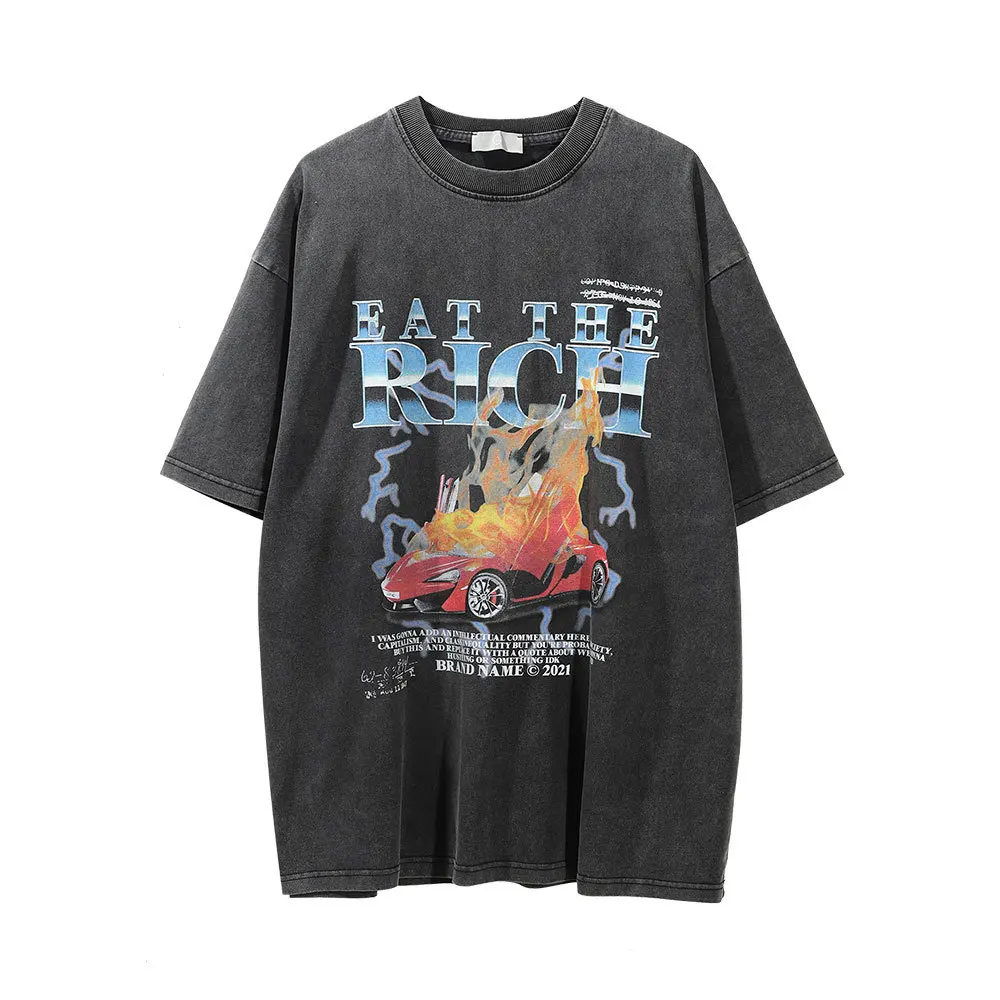 

GTDOM 2022 Cotton Do Old Black Washing And Aging Automobile Printing Five Sleeves Men's T Shirt European And American Style