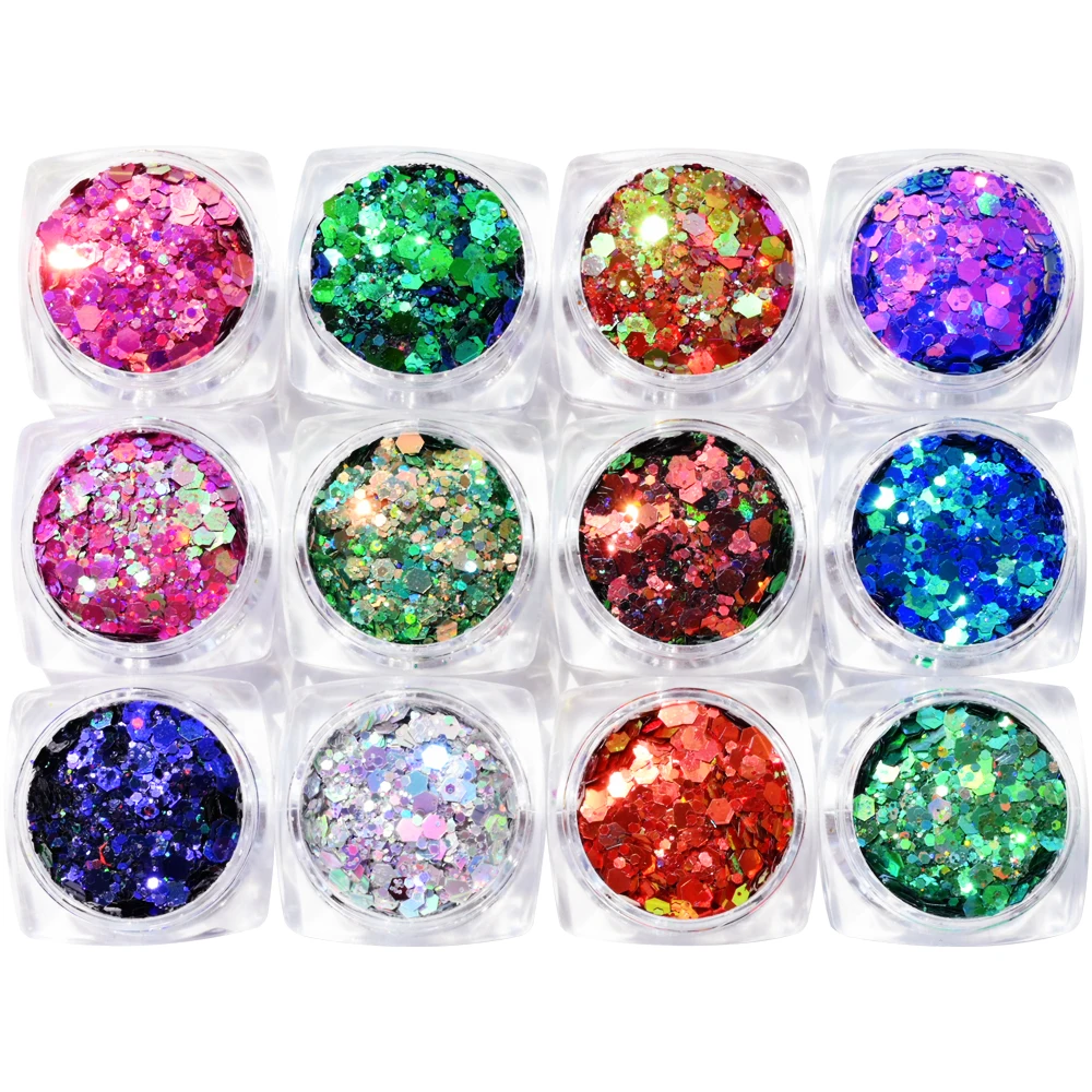 12-kolorowy zestaw cekinów do paznokci Chameleon Syrenka Lustro Sześciokątne płatki brokatowe 3D Paillette Laser Spangles Manicure Końcówki