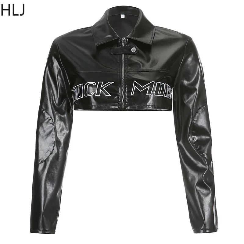 HLJ Fashion Y2K Кожаная куртка с буквенным принтом Женский укороченный топ на молнии