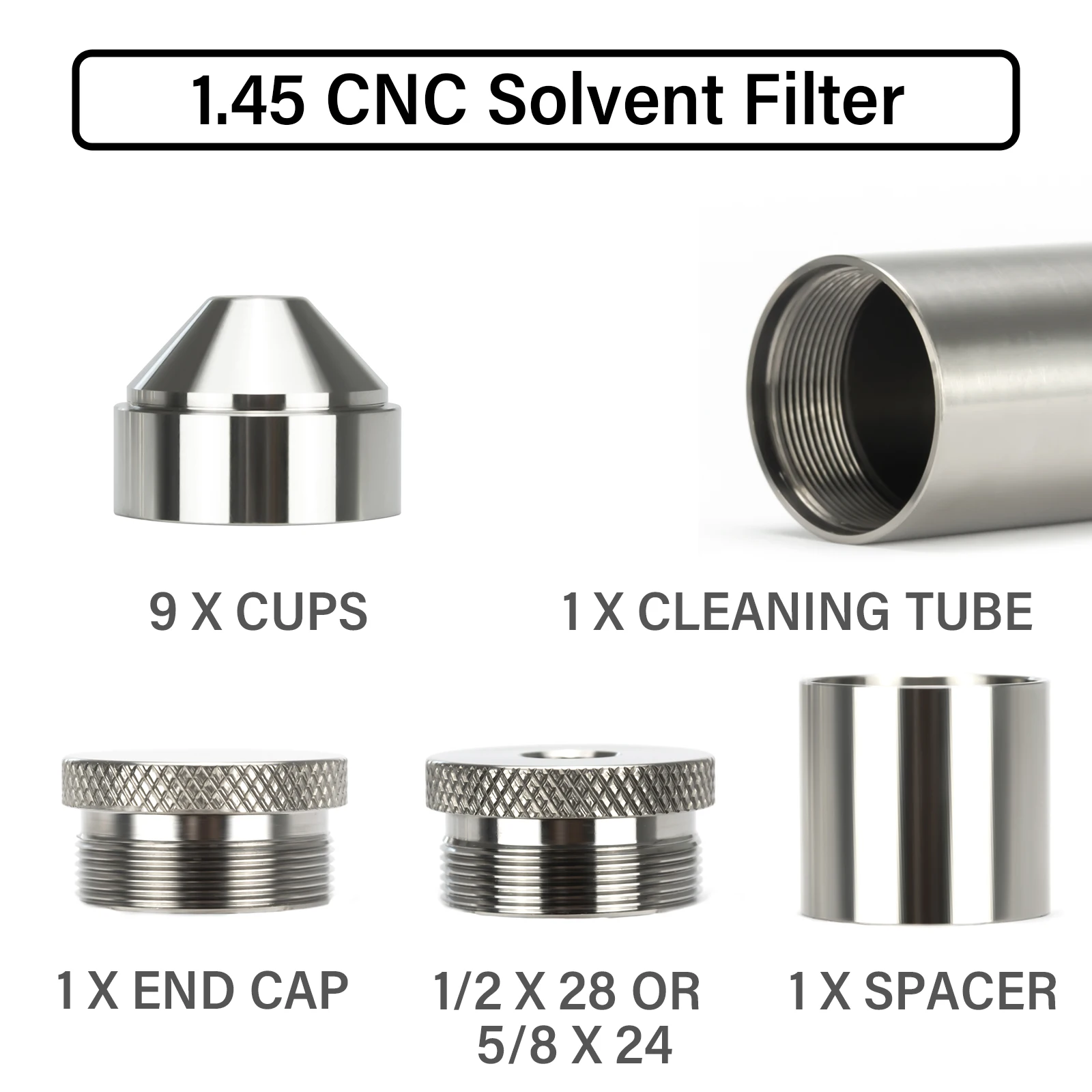 

1.45"OD 7"L GR5 TITANIUM Solvent Cleaning Filter Tube 9pcs Hard Stainless Steel CNC Cups with End Cap 1/2x28 or 5/8x24