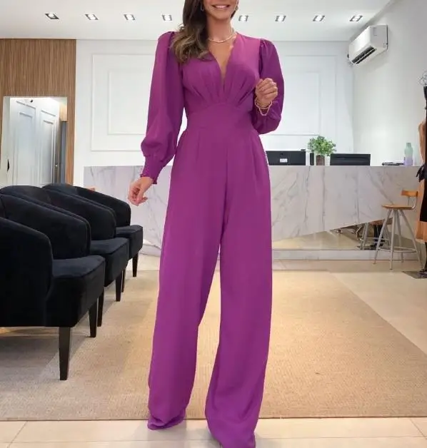 

Women's V-Neck Long-Sleeved Solid Color Wide-Leg High-Waisted Jumpsuits Summer Fashion Women's Elegant Commuting Long Jumpsuit
