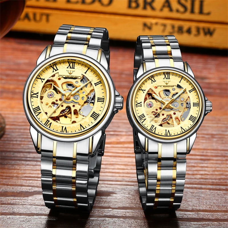 FNGEEN Couple Watches Luxury Automatic Skeleton Mechanical Watch Stainless Steel Waterproof Watches For Women Men Clock