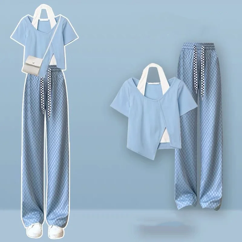 

Small Fragrance Style Asymmetric Design Suit for Women's 2023 Summer New Active Age Reducing Top Wide Leg Pants Two Piece Set