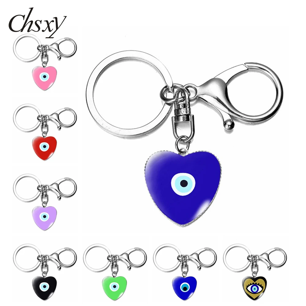 

Blue Turkish Evil Eye Keychain Amulet Evil Nazar Eye Heart Shape Glass Dome Lobster Clasp Keyring Men Women Lucky Jewelry Gifts