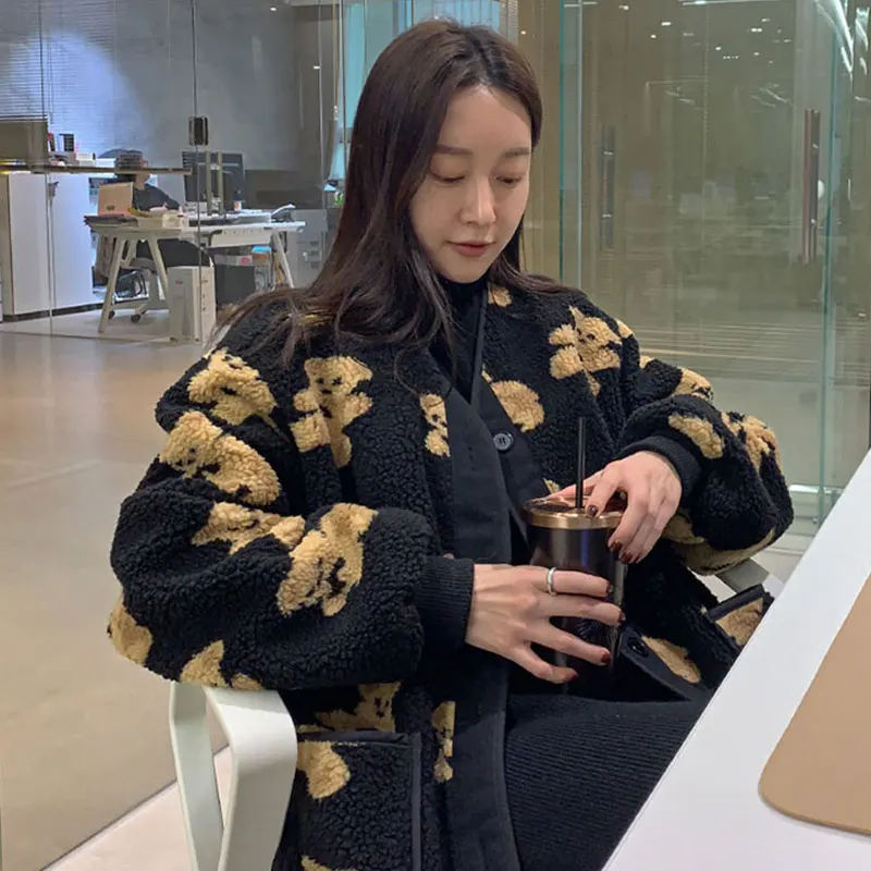 Clothland Women Chic Bear Lamb Fur Jacket V Neck Single Breasted Long Sleeve Padded Coat Autumn Winter Thick Tops CA382